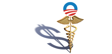 Red blue and gold Obamacare symbol with dollar sign shadow