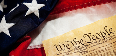 red white blue flag with Constitution